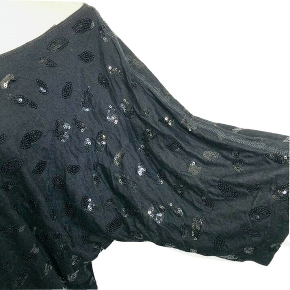 Bebe Sequin Blouse Black Slouchy Shark Bite Hem Cropped Top - Picture 2 of 9